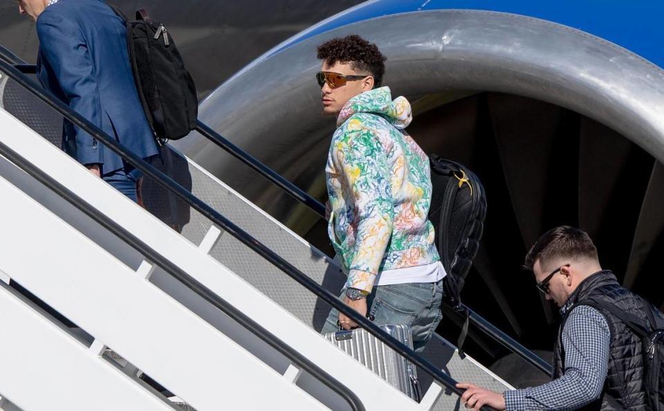 Kansas City Chiefs quarterback Patrick Mahomes boards a plane for the Super Bowl at Kansas City International Airport on Sunday, Feb. 5, 2023, in Kansas City.