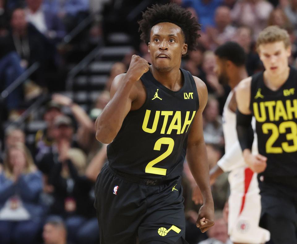 Utah Jazz guard Collin Sexton (2) hits a 3-pointer against the LA Clippers in Salt Lake City on Friday, Oct. 27, 2023. | Jeffrey D. Allred, Deseret News