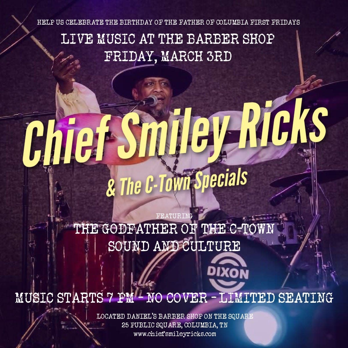 Chief Smiley Ricks & The C-Town Specials will perform at Daniel's Barber Shop on the Square as part of First Fridays starting at 7 p.m.