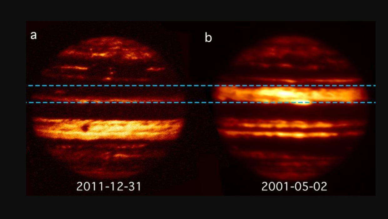  two infrared photos of jupiter showing the planet's cloud bands in shades of red and orange. 