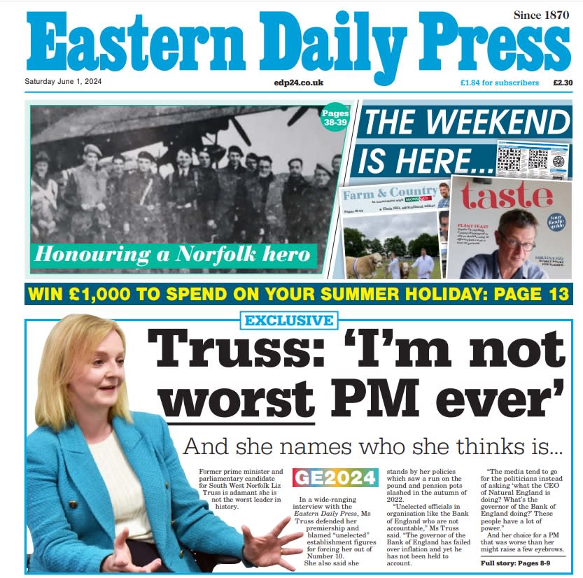 Liz Truss on the front page of The Eastern Daily Press (Eastern Daily Press/PA)