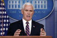 Vice President Mike Pence speaks about the coronavirus in the James Brady Press Briefing Room of the White House, Thursday, April 2, 2020, in Washington. (AP Photo/Alex Brandon)