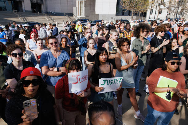 Protesters attend a rally for Black teen Ralph Yarl in front of US District Court on 18 April 2023 in Kansas City, Missouri (Getty Images)