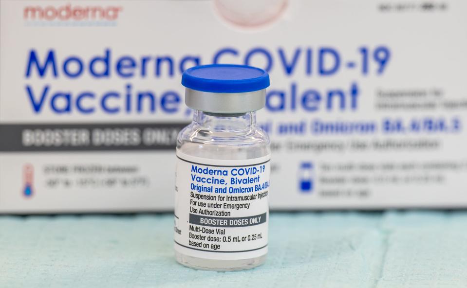 The Moderna COVID-19 vaccine bivalent sits on a table during a vaccine clinic, organized by the Greater Cape Ann Community Collaborative, at the Hamilton-Wenham Senior Center in Hamilton on Friday, Sept. 9, 2022.