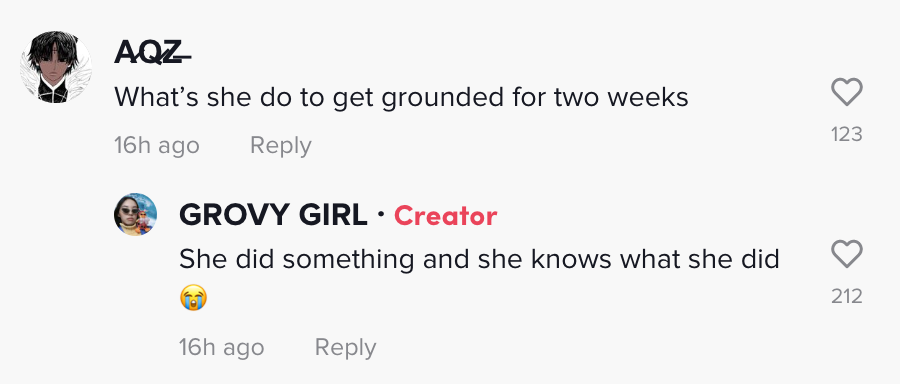 TikTok screenshot of one user asking "What's she do to get grounded for two weeks," with Tram replying "She did something and she knows what she did"