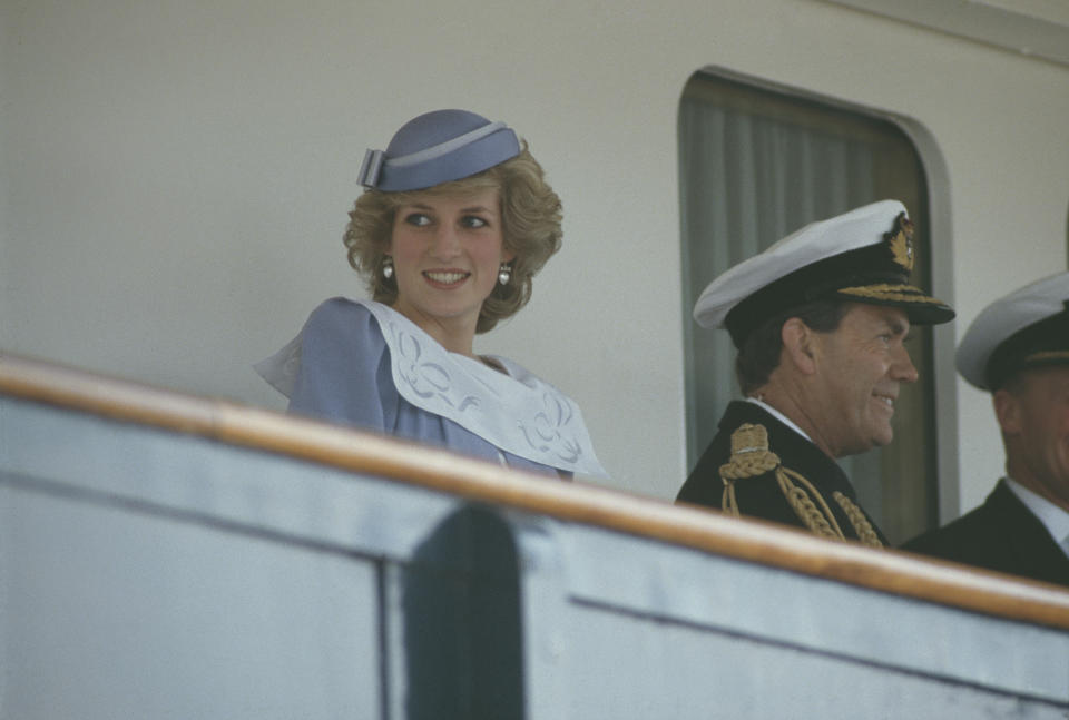 Diana, Princess of Wales  (1961 - 1997) on the royal yacht during a visit to Olbia in Sardinia, Italy, April 1985. She is wearing a Jan Van Velden suit and a hat by John Boyd. (Photo by Jayne Fincher/Princess Diana Archive/Getty Images)