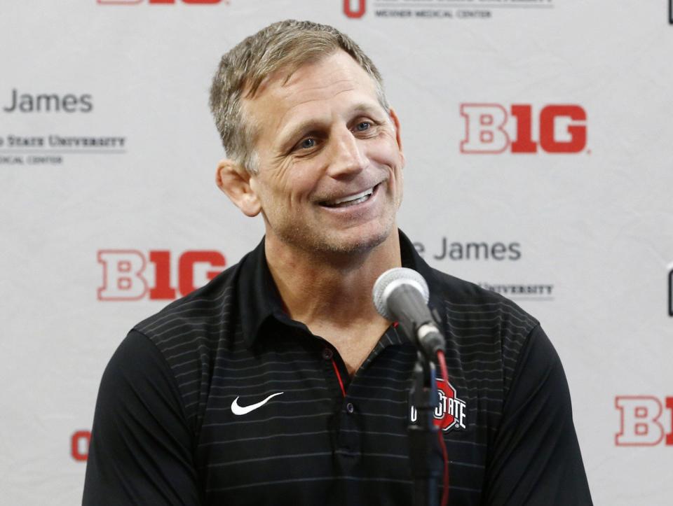 Wrestling coach Tom Ryan speaks to the media inside the new Covelli Center/Jennings Wrestling Facility on The Ohio State University campus on Monday, June 3, 2019. [Fred Squillante/Dispatch]