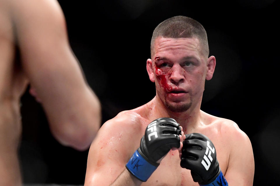 NEW YORK, NEW YORK - NOVEMBER 02: Nate Diaz of the United States fights against Jorge Masvidal (not pictured) of the United States in the Welterweight 