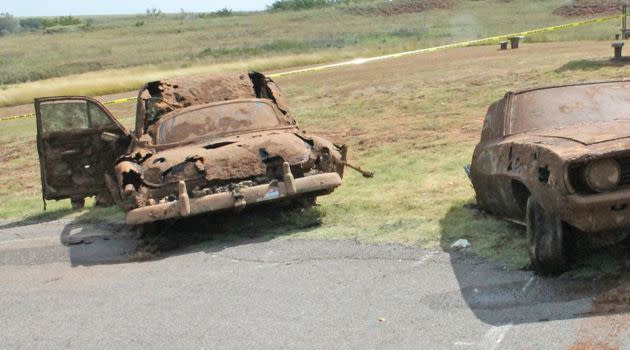 The two vehicles just recovered from Foss Lake are pictured in Foss, Oklahoma. Photo: Reuters