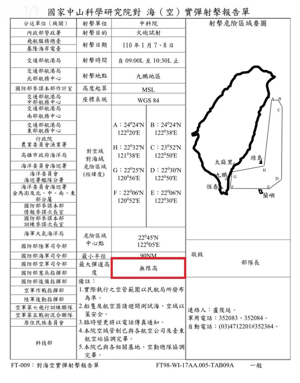 中科院日前發布射擊通報，警戒危險區域自台東外海向北延伸至宜蘭外海，最大彈道高度為「無限高」。（圖／摘自漁業署官網）