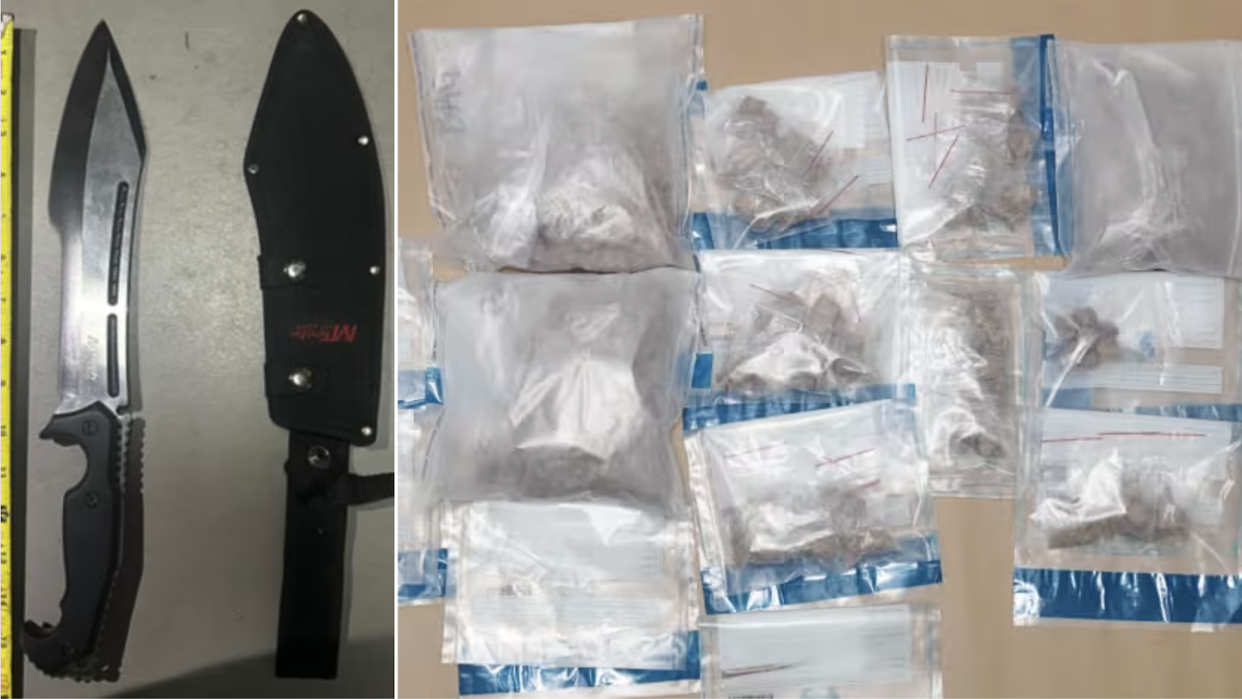 Knife seized from 19-year-old suspected drug abuser in Clementi house on 19 February (left) and controlled drugs seized at another CNB operation in Clementi on 21 Februar