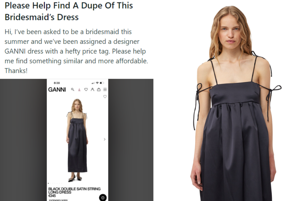 The bridesmaid reached out for help finding a dupe for this designer dress. Photo: Reddit & GANNI