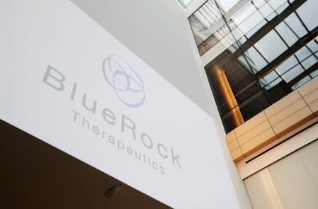 A BlueRock Therapeutics sign is displayed at a press conference in Toronto