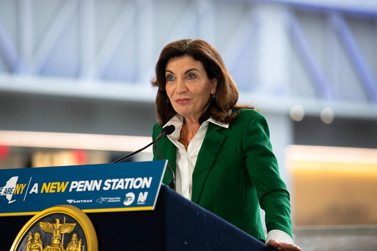 New York Governor Kathy Hochul speaks at a press conference at the Moynihan Train Hall in Manhattan, June 9, 2022. 