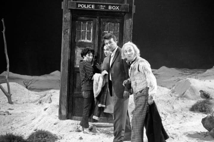 Susan, Ian, Barbara, and the First Doctor by the TARDIS in the first Doctor Who episode, "An Unearthly Child."