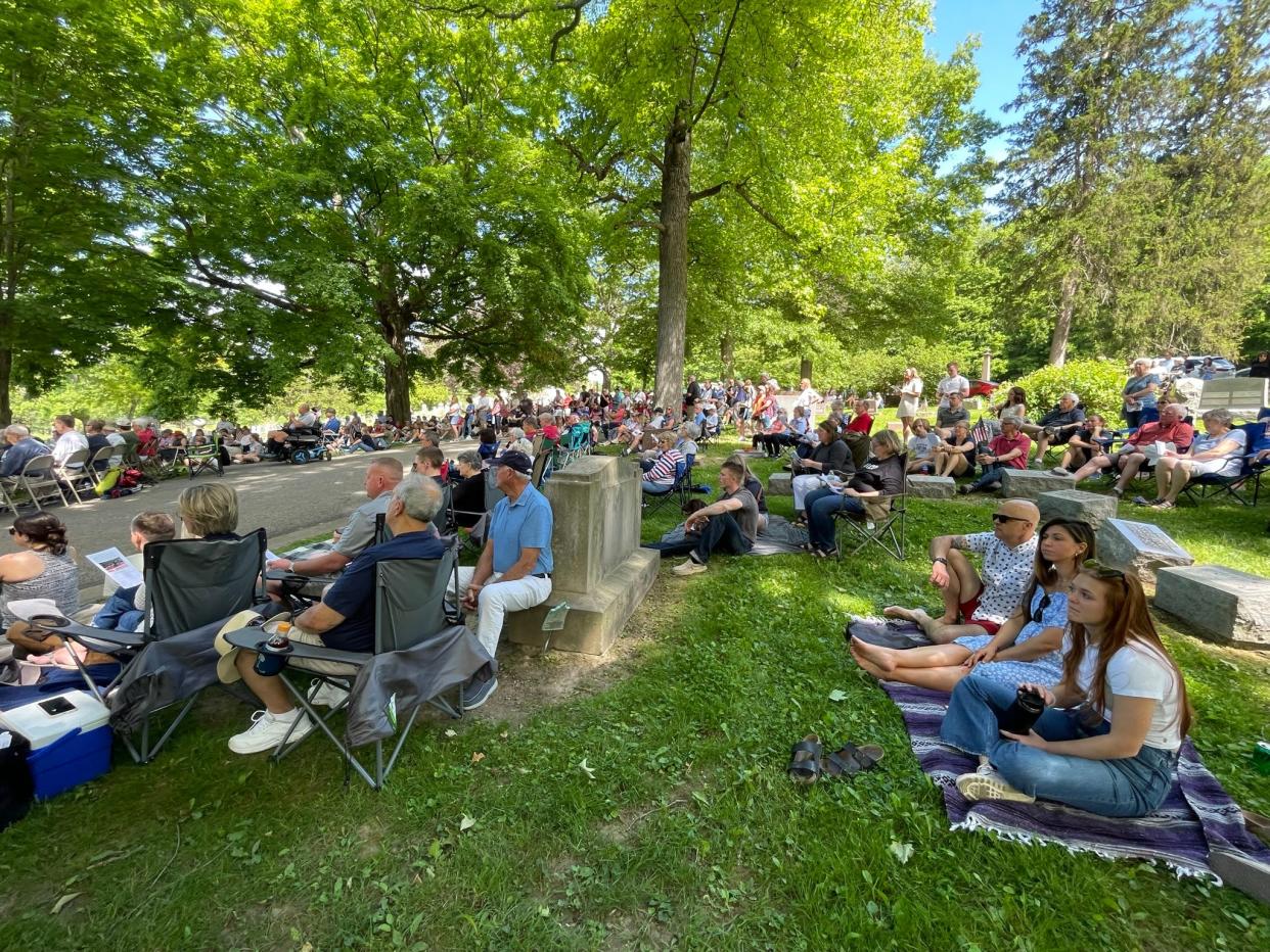 A crowd of hundreds listens to 2nd Lt. Ryan P. Dickerson of the U.S. Marine Corps during Granville's 150th Annual Observance of Memorial Day on May 29, 2023.