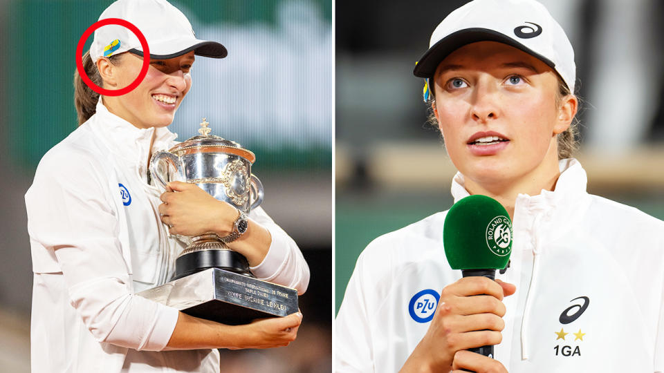 Iga Swiatek, pictured here sending a message to Ukraine while wearing their flag on her hat at the French Open.