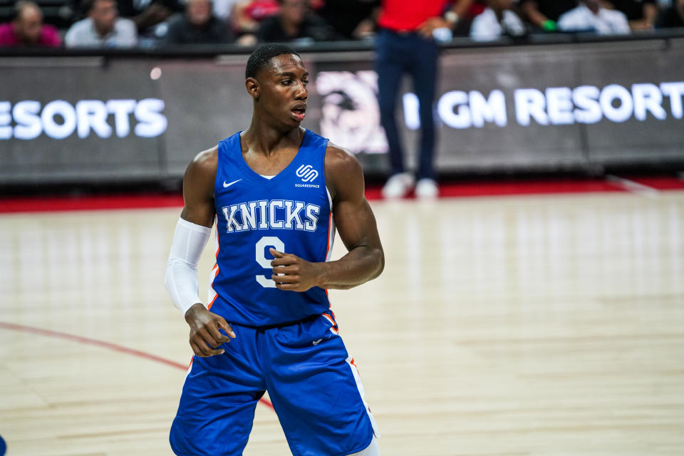 LAS VEGAS, NEVADA - JULY 05: RJ Barrett #9 of the New York Knicks looks on in a game against the New Orleans Pelicans at NBA Summer League on July 05, 2019 in Las Vegas, Nevada. (Photo by Cassy Athena/Getty Images)