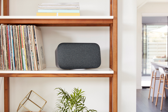 Google Home Max on a bookshelf