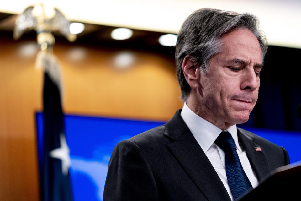 FILE - Secretary of State Antony Blinken pauses while speaking in the briefing room of the State Department in Washington, Jan. 7, 2022. Blinken will visit Ukraine this week as tensions between the U.S. and Russia escalate over a possible Russian invasion of its neighbor. (AP Photo/Andrew Harnik, Pool, File)