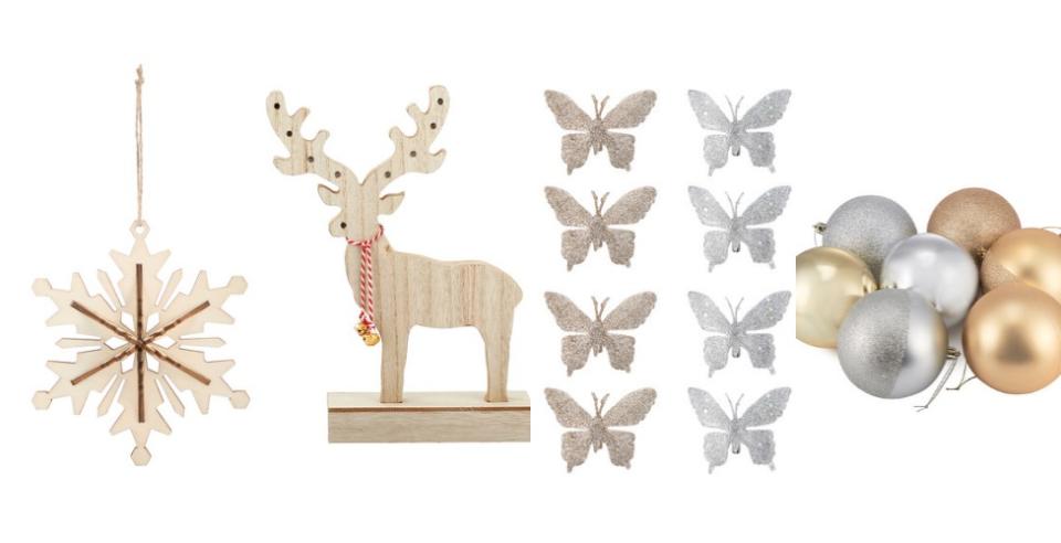 Pictured left to right:Snowflake Ornament ($2), Light Up Reindeer ($7), 4 Glittered Butterfly Clips – Assorted ($2), 7 Baubles – Gold Look & Silver Look ($6). Photo: Kmart