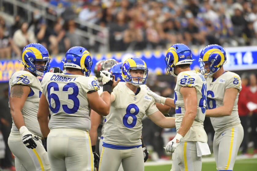 Rams kicker Matt Gay (8) celebrates a field goal with teammates against the Tampa Bay on Sept. 26, 2021, at SoFi Stadium.