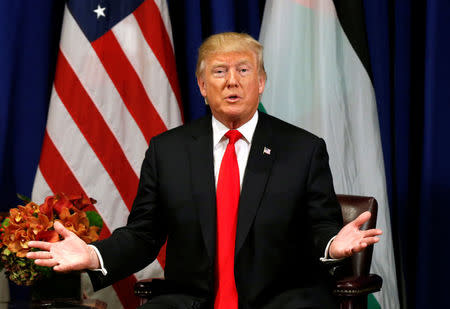 U.S. President Donald Trump speaks during his meeting with Palestinian President Mahmoud Abbas during the U.N. General Assembly in New York, U.S., September 20, 2017. REUTERS/Kevin Lamarque