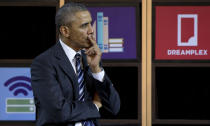 <p>President Barack Obama looks to entrepreneurs on stage with him during a visit to the DreamPlex Coworking Space in Ho Chi Minh City, Vietnam, Tuesday, May 24, 2016. (AP Photo/Carolyn Kaster) </p>