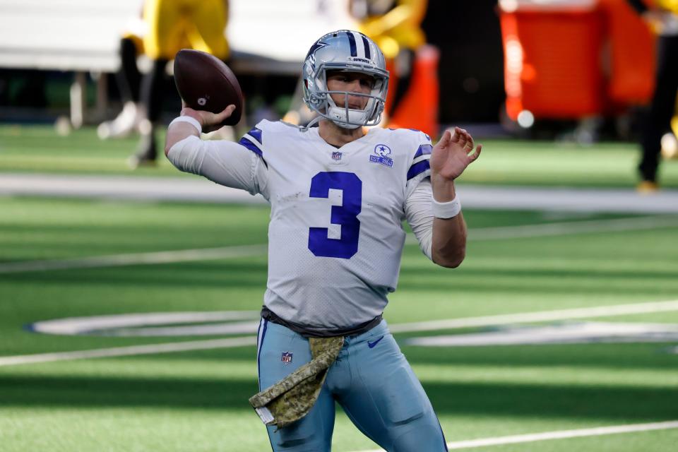 Dallas Cowboys quarterback Garrett Gilbert (3) throws a pass in the first half of an NFL football game against the Pittsburgh Steelers in Arlington, Texas, Sunday, Nov. 8, 2020. (AP Photo/Ron Jenkins)