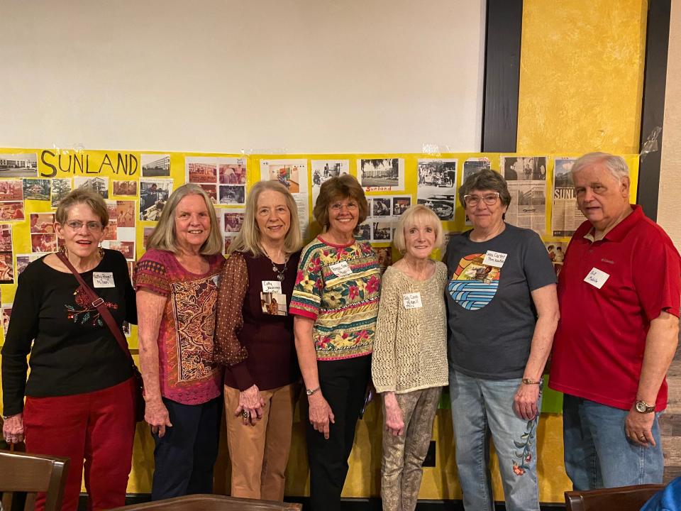 Former workers of Tallahassee's old Sunland Hospital take a photo during a workers reunion in Tallahassee on March 8, 2024. (left to right: Kathy Rogers Milton, Tonja Quick Estes, Cathy Wacksman, Teresa Gray, Judy Conn, Sara Carter, Bill Mabile)