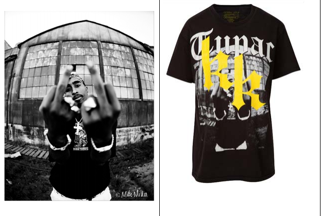 A comparison from Miller’s complaint of his original Tupac photo (left) and the Kendall + Kylie T-shirt featuring it.