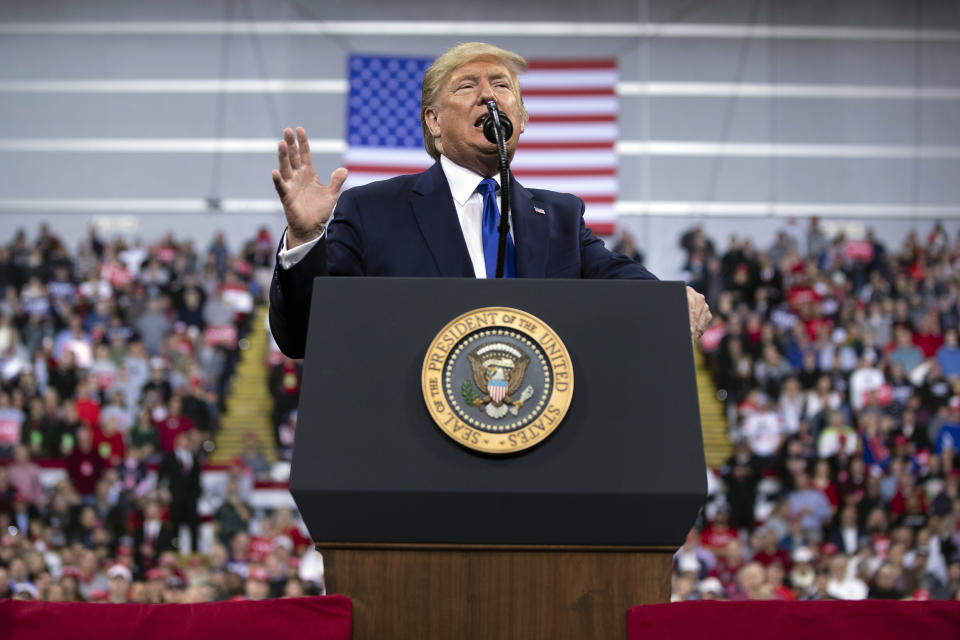 President Donald Trump speaks during a campaign rally at UW-Milwaukee Panther Arena, Tuesday, Jan. 14, 2020, in Milwaukee. (AP Photo/ Evan Vucci)