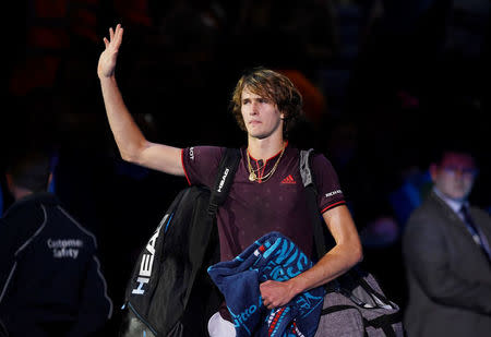 Tennis - ATP World Tour Finals - The O2 Arena, London, Britain - November 14, 2017 Germany's Alexander Zverev waves to the fans after losing his group stage match against Switzerland's Roger Federer Action Images via Reuters/Tony O'Brien