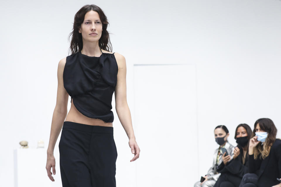 A model wears a creation for the Gauchere Spring-Summer 2021 fashion collection, Wednesday, Sept. 30, 2020, during Paris fashion week. (Photo by Vianney Le Caer/Invision/AP)