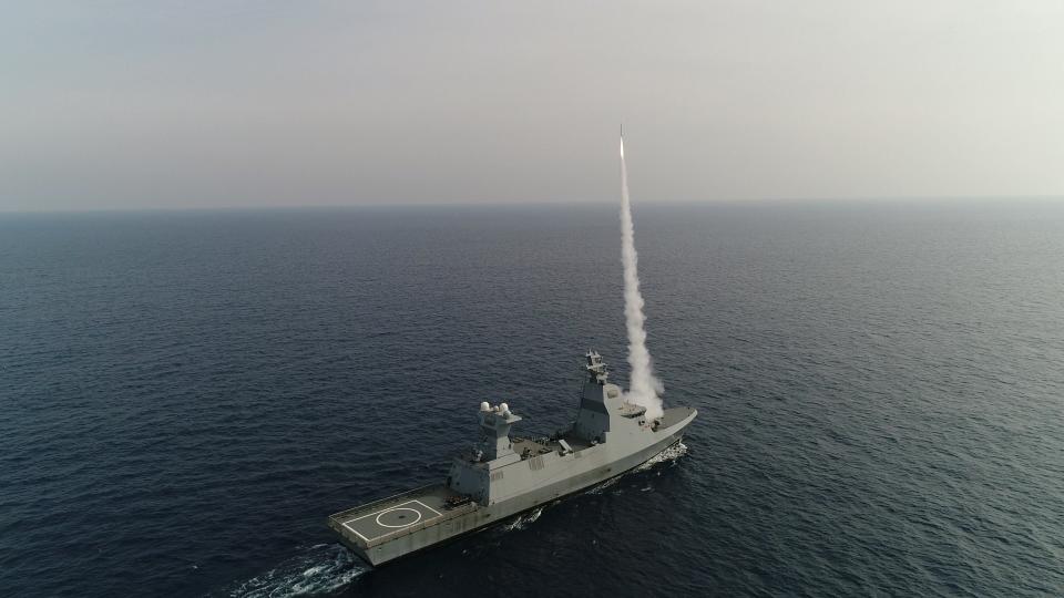 A missile is launched from the Sa'ar 6-class corvette during the series of live-fire tests of the naval version of its Iron Dome missile defense system.