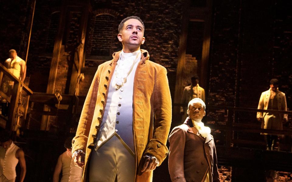Karl Queensborough as Alexander Hamilton (and cast) at the Victoria Palace Theatre - Johan Persson
