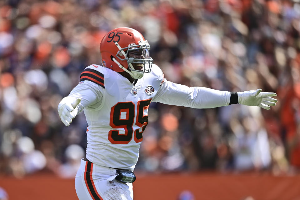 Cleveland Browns defensive end Myles Garrett celebrates a sack of Chicago Bears quarterback Justin Fields during the first half of an NFL football game, Sunday, Sept. 26, 2021, in Cleveland. (AP Photo/David Dermer)