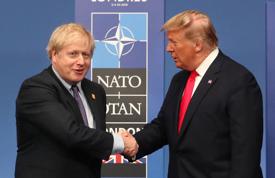 Prime Minister Boris Johnson (left) and US President Donald Trump during the annual Nato heads of government summit at The Grove hotel in Watford, Hertfordshire.