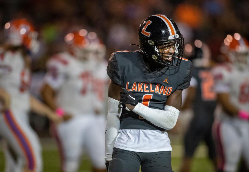 Lakeland (1) Keon Young celebrates a tackle against Bartow during first half action at Bryant Stadium in Lakeland Fl. Thursday October 5 ,2023.
Ernst Peters/The Ledger