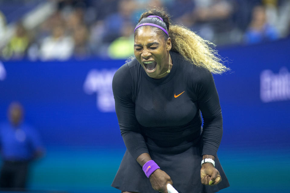 2019 US Open Tennis Tournament- Day Three.  Serena Williams of the United States reacts during her match against Catherine McNally of the United States in the Women's Singles Round Two match on Arthur Ashe Stadium at the 2019 US Open Tennis Tournament at the USTA Billie Jean King National Tennis Center on August 27th, 2019 in Flushing, Queens, New York City.  (Photo by Tim Clayton/Corbis via Getty Images)