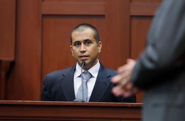 PHOTO: In this April 20, 2012, file photo, George Zimmerman speaks on the stand as he answers questions from his his attorney Mark O'Mara in a Seminole County courtroom during his bond hearing in Sanford, Fla. (Gary Green/The Orlando Sentinel, Pool via Getty Images, FILE)