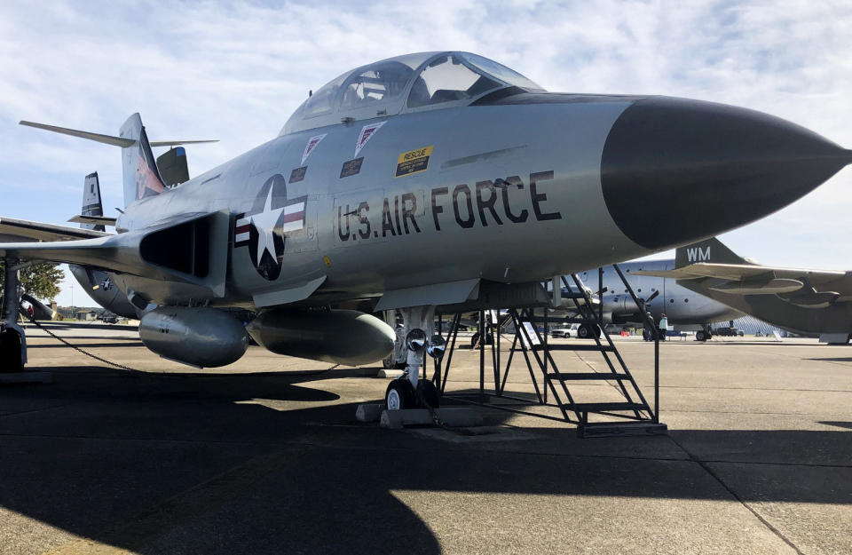 The F101B Voodoo is displayed at the Air Mobility Command Museum at Dover Air Force Base in Dover, Del., on Oct. 22, 2022. The Voodoo was a two-crew member fighter. The airplane is the fighter used by the squadron in which Gary Fields’ father, Willie "Bill" Mount Jr., served in the 1960s. The F101B Voodoos could carry two Douglas Genie air-to-air missiles which were designed to be used against incoming enemy bomber formations. Each missile was armed with a 1.5-kiloton atomic warhead. (AP Photo/Gary Fields)