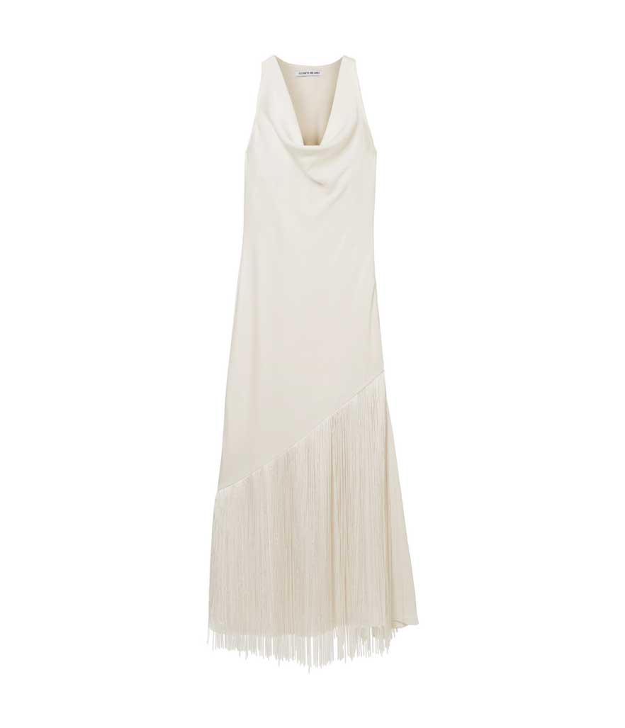 White cowl neck fringe dress. 