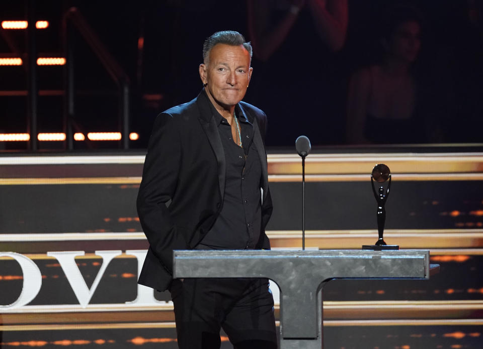 Bruce Springsteen introduces inductee Jimmy Iovine during the Rock & Roll Hall of Fame Induction Ceremony on Saturday, Nov. 5, 2022, at the Microsoft Theater in Los Angeles. (AP Photo/Chris Pizzello)