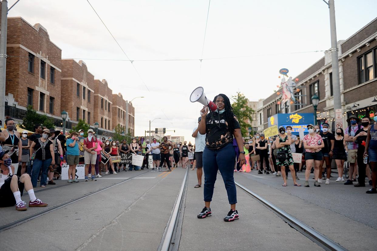 Cori Bush leads a demonstration against police brutality on June 12 in University City, Missouri. She is the first leader of the Black Lives Matter movement who is likely to win a seat in Congress. (Michael B. Thomas/Getty Images)