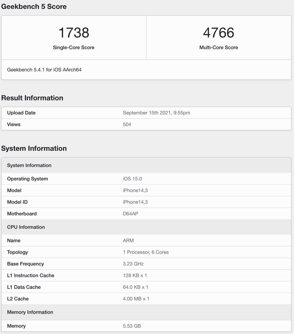 Early iPhone 13 Pro Geekbench 5 benchmark scores. - Credit: Geekbench 5