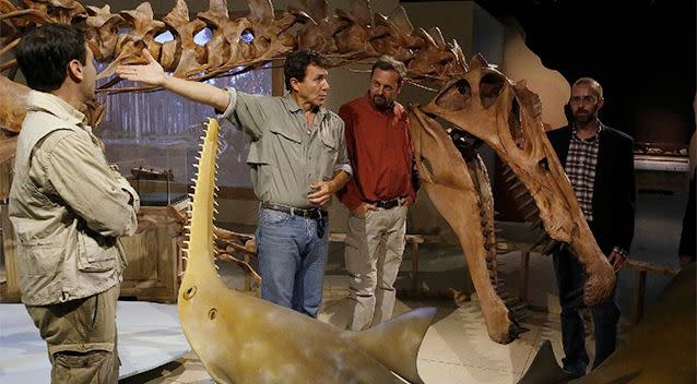 University of Chicago paleontologist Paul Sereno (second left) discusses his discovery with paleontologist Nizar Ibrahim (left) of fossils of the Spinosaurus aegyptiacus as they stand in front of a mounted skeletal cast of the 50-foot long, seven-ton African predator that is the biggest dinosaur predator to ever walk the Earth. Photo: REUTERS/Jim Bourg