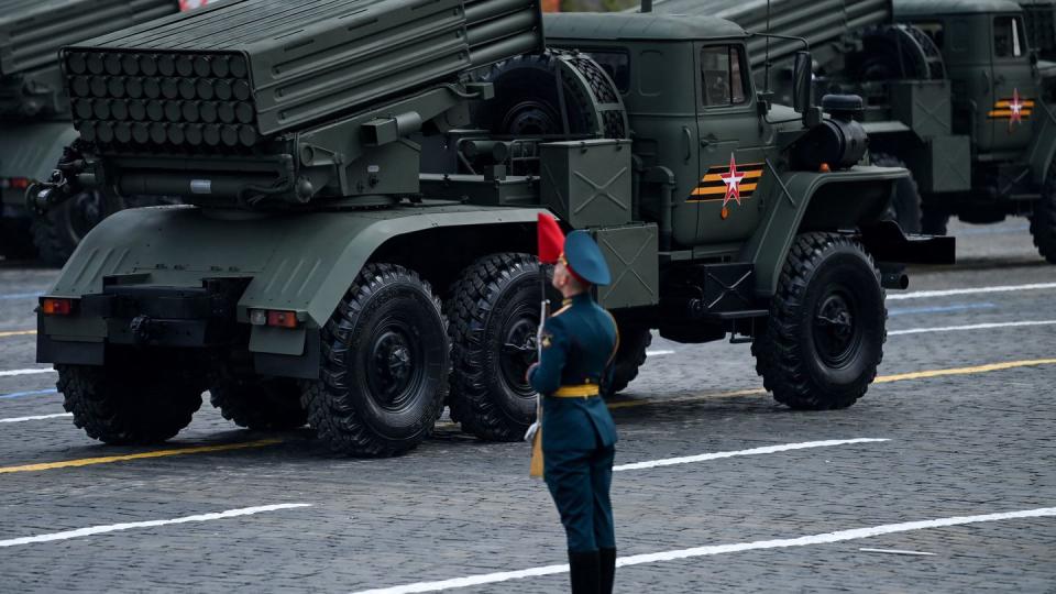 Russian Tornado-S multiple rocket launchers are shown off during a parade through Red Square on May 9, 2022. (Kirill Kudryavtsev/AFP via Getty Images)