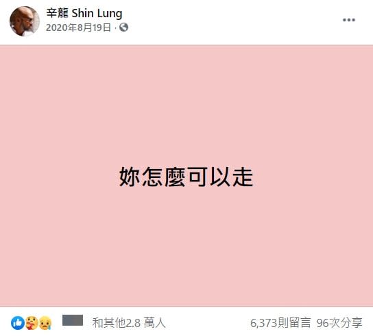 辛龍難以接受愛妻逝世的消息，曾在臉書難過寫下「妳怎麼可以走」。（圖／翻攝自辛龍臉書）