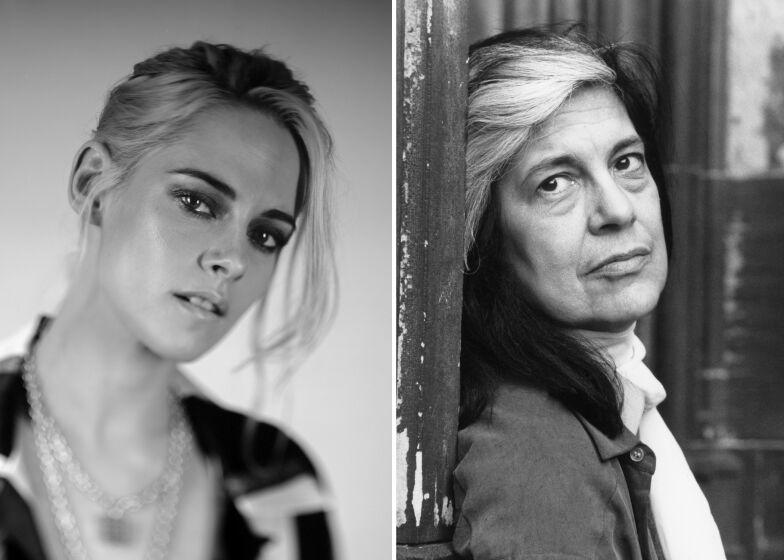 A black-and-white split-screen image of Kristen Stewart on the left and Susan Sontag on the right.